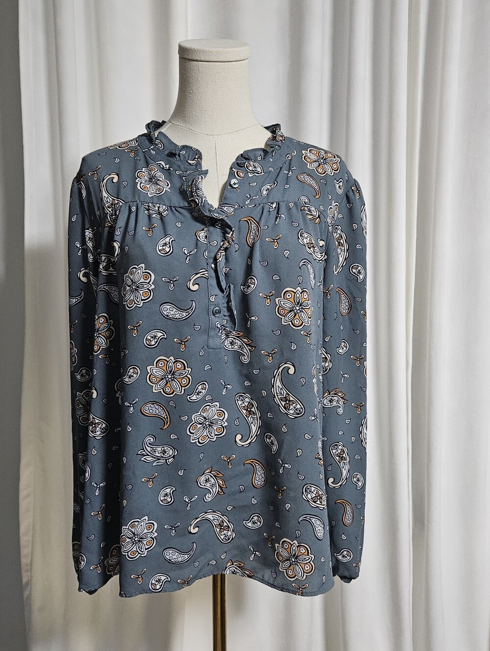 LOFT Slate Blue Paisley Ruffle Tie-Neck Blouse